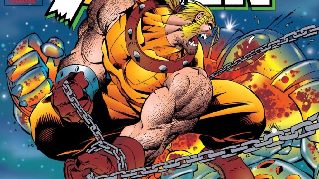 The Age of Apocalypse Sabretooth using a chain to fight the villain Holocaust on the cover of Astonishing X-Men (Vol. 1) #2